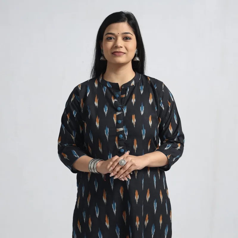 Black - Pochampally Ikat Weave Cotton Straight Kurta made by Itokri