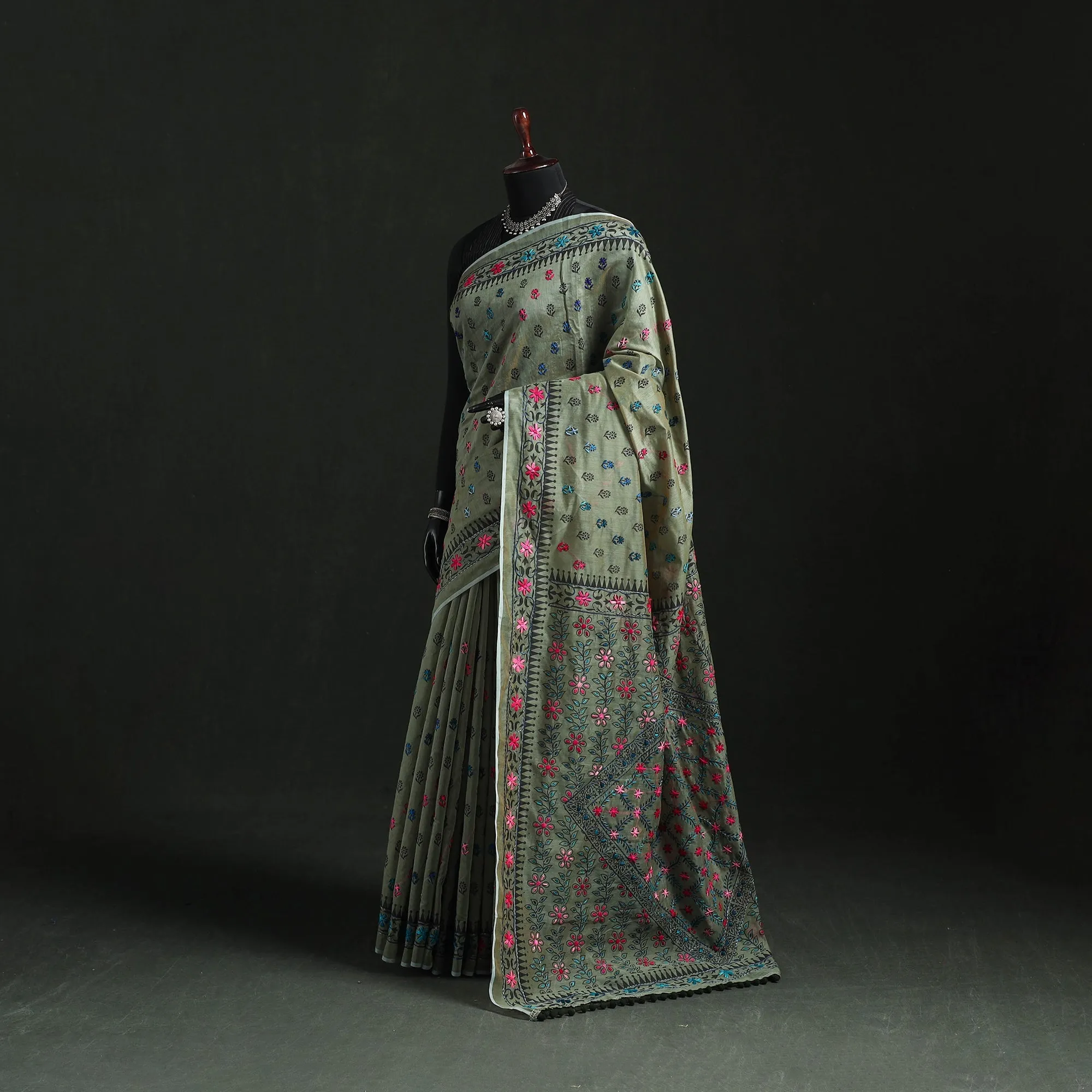 Hand Embroidered Chanderi Silk Chapa Work Phulkari Saree 23 sold by Itokri