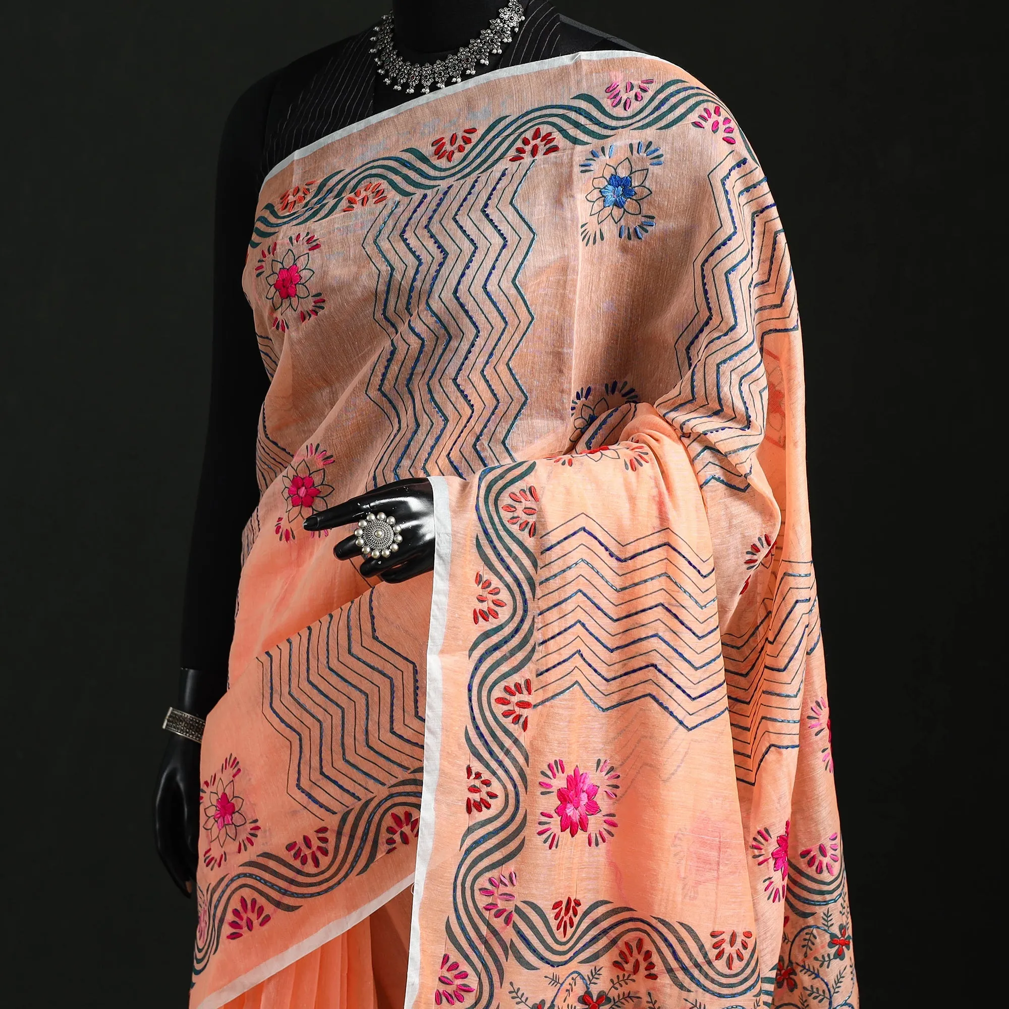 Peach - Hand Embroidered Chanderi Silk Chapa Work Phulkari Saree 21 sold by Itokri product image thumbnail 2