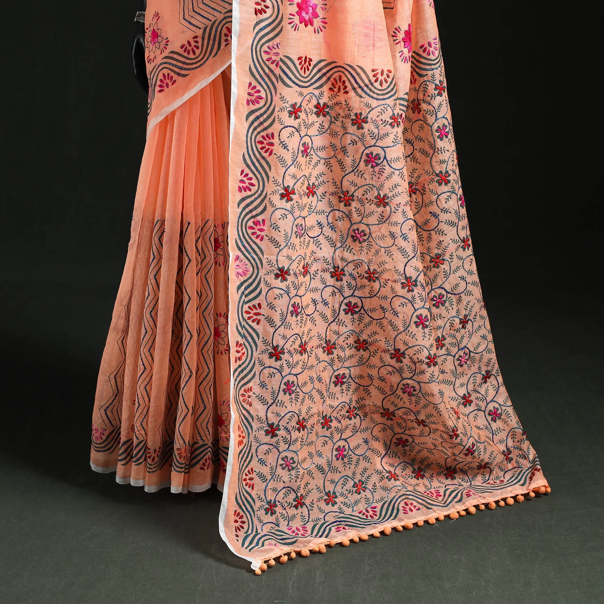 Peach - Hand Embroidered Chanderi Silk Chapa Work Phulkari Saree 21 sold by Itokri product image thumbnail 4