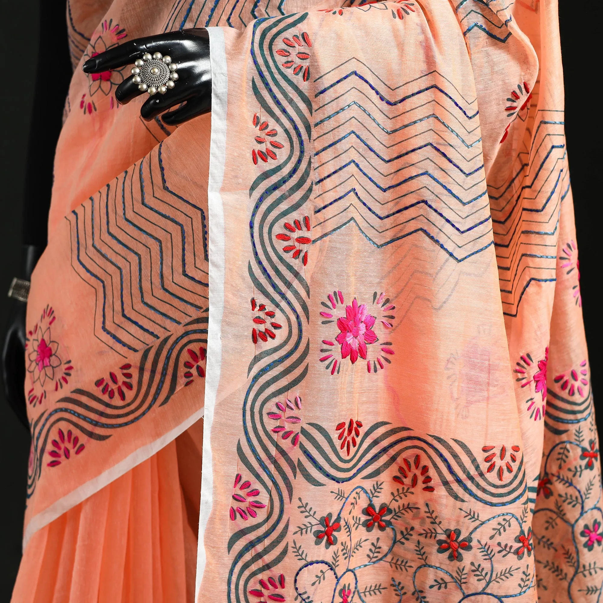 Peach - Hand Embroidered Chanderi Silk Chapa Work Phulkari Saree 21 sold by Itokri product image thumbnail 3