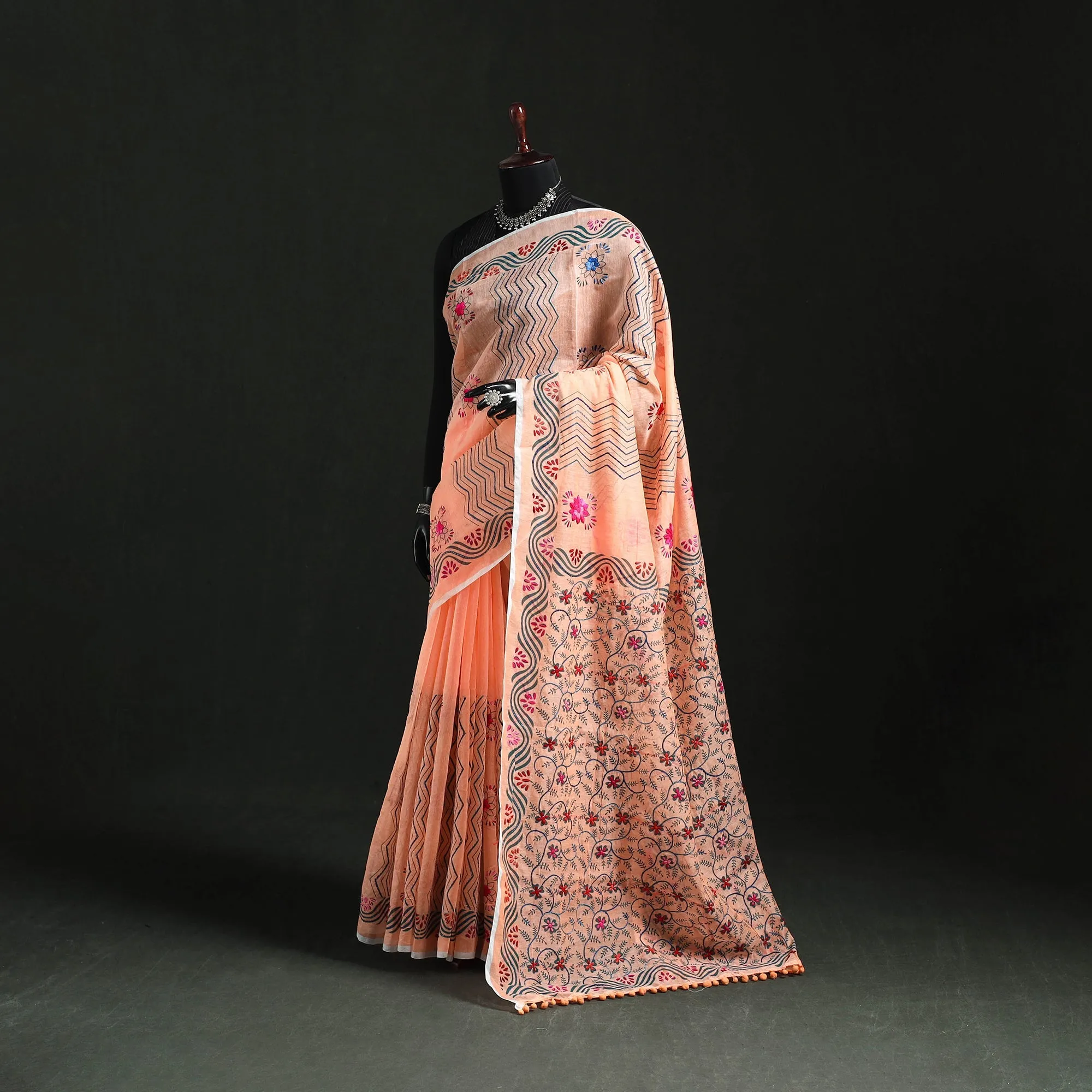 Peach - Hand Embroidered Chanderi Silk Chapa Work Phulkari Saree 21 sold by Itokri
