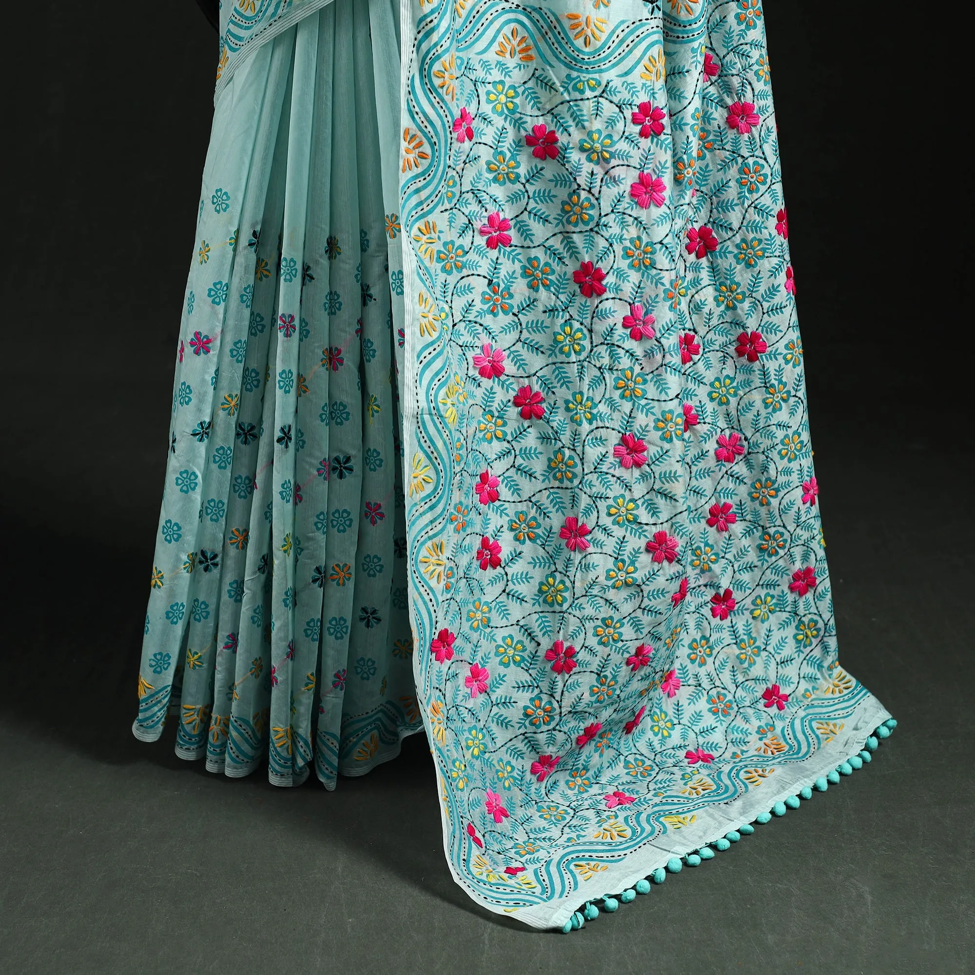 Hand Embroidered Chanderi Silk Chapa Work Phulkari Saree 27 sold by Itokri product image thumbnail 4