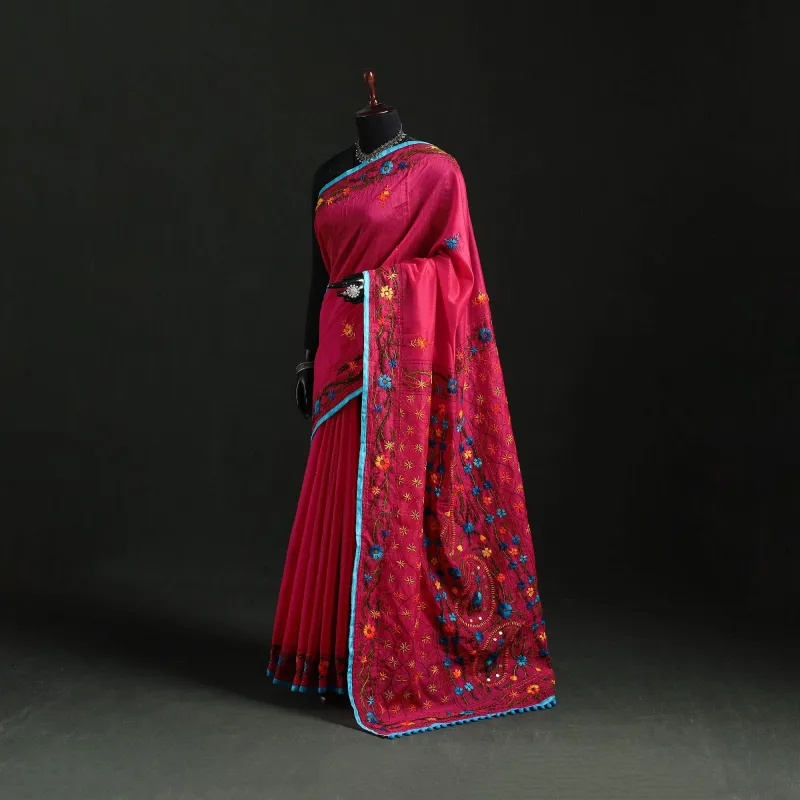 Hand Embroidered Chanderi Silk Chapa Work Phulkari Saree 33 made by Itokri