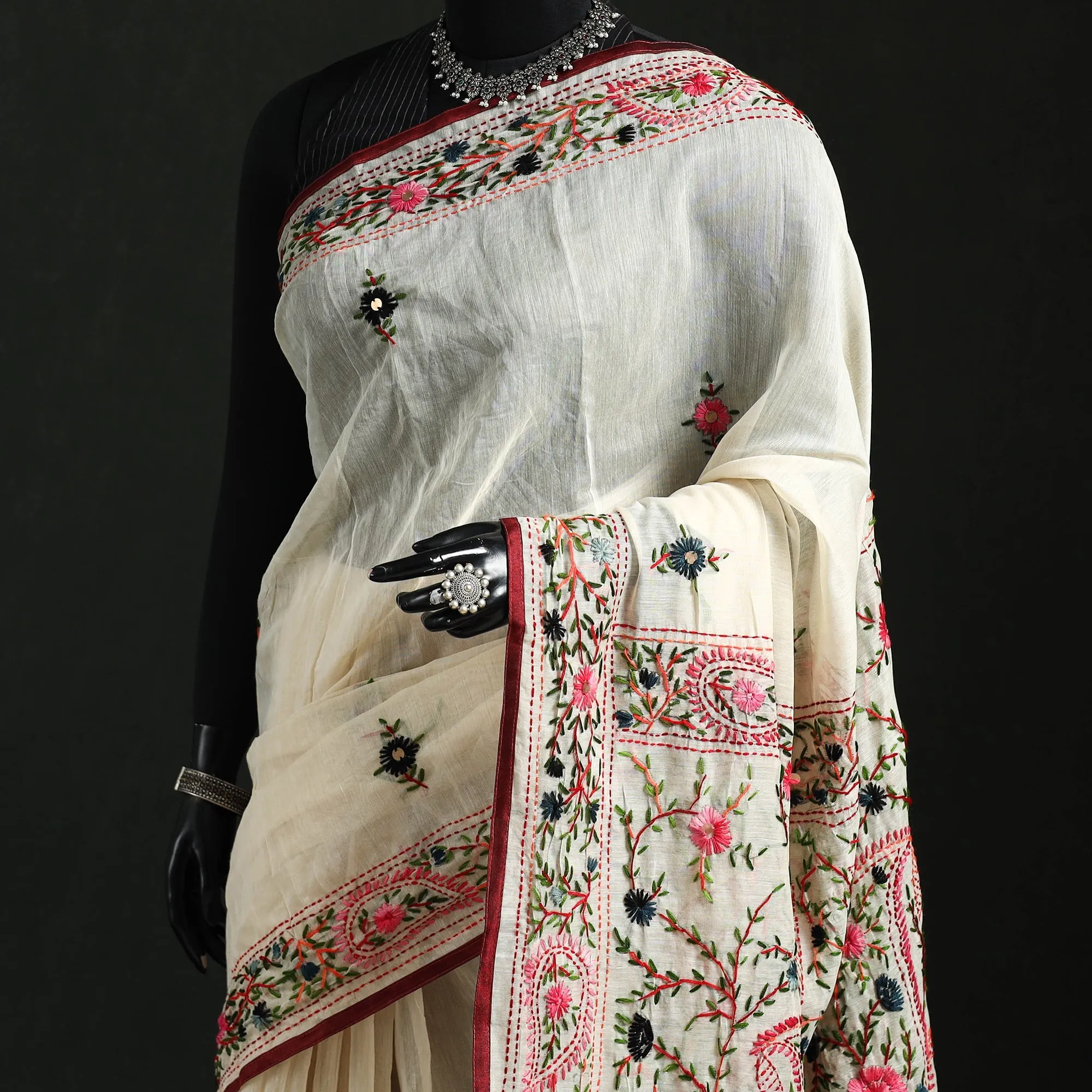 Hand Embroidered Chanderi Silk Chapa Work Phulkari Saree 39 sold by Itokri product image thumbnail 2