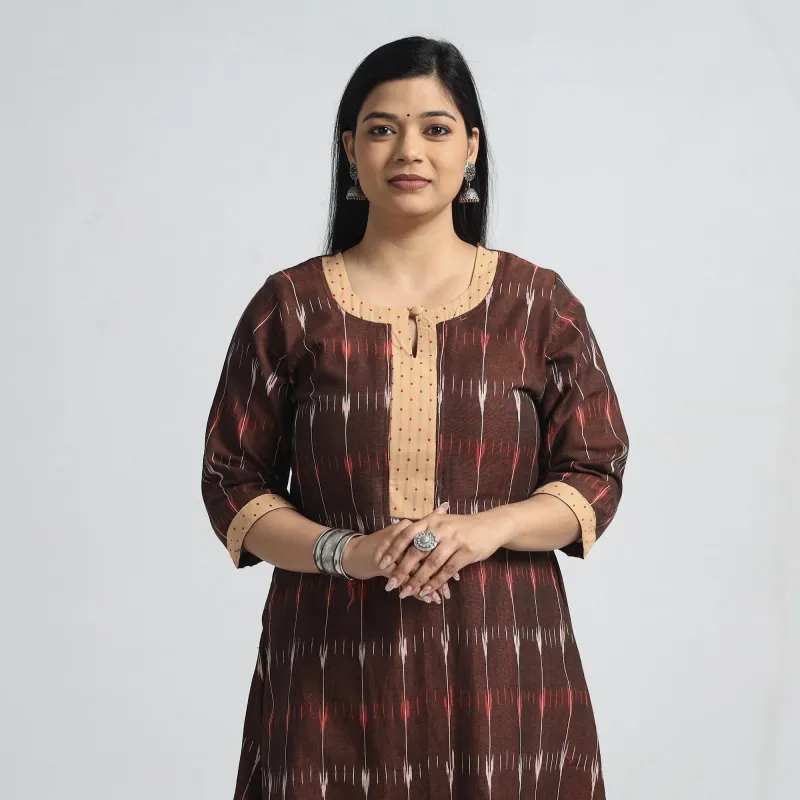 Dark Brown - Pochampally Ikat Weave Cotton A-Line Kurta with Jacquard Patchwork made by Itokri