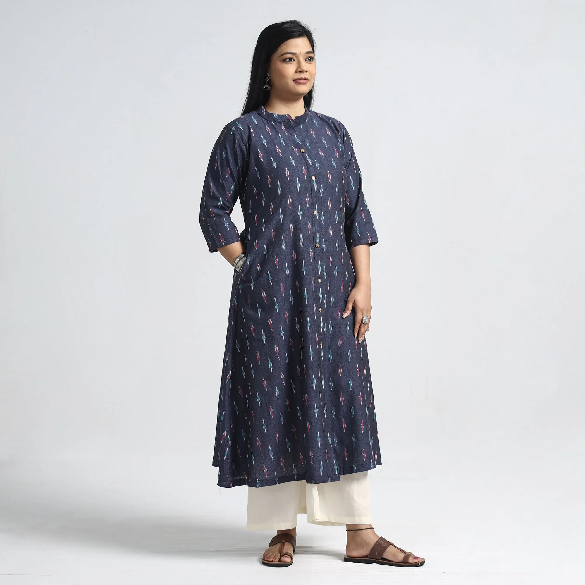 Blue - Dark Purple - Pochampally Ikat Weave Cotton A-Line Kurta sold by Itokri product image thumbnail 3