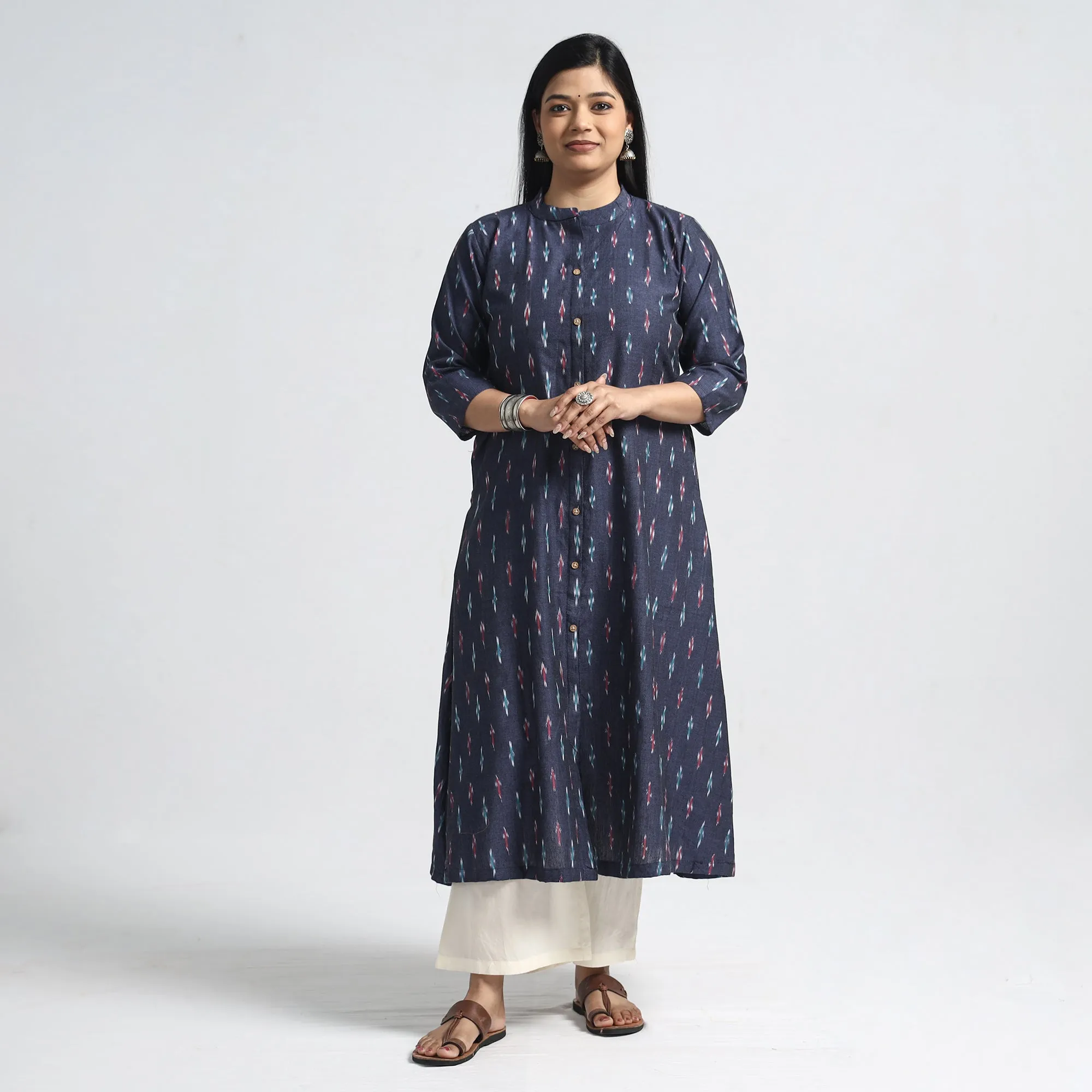 Blue - Dark Purple - Pochampally Ikat Weave Cotton A-Line Kurta sold by Itokri product image thumbnail 2