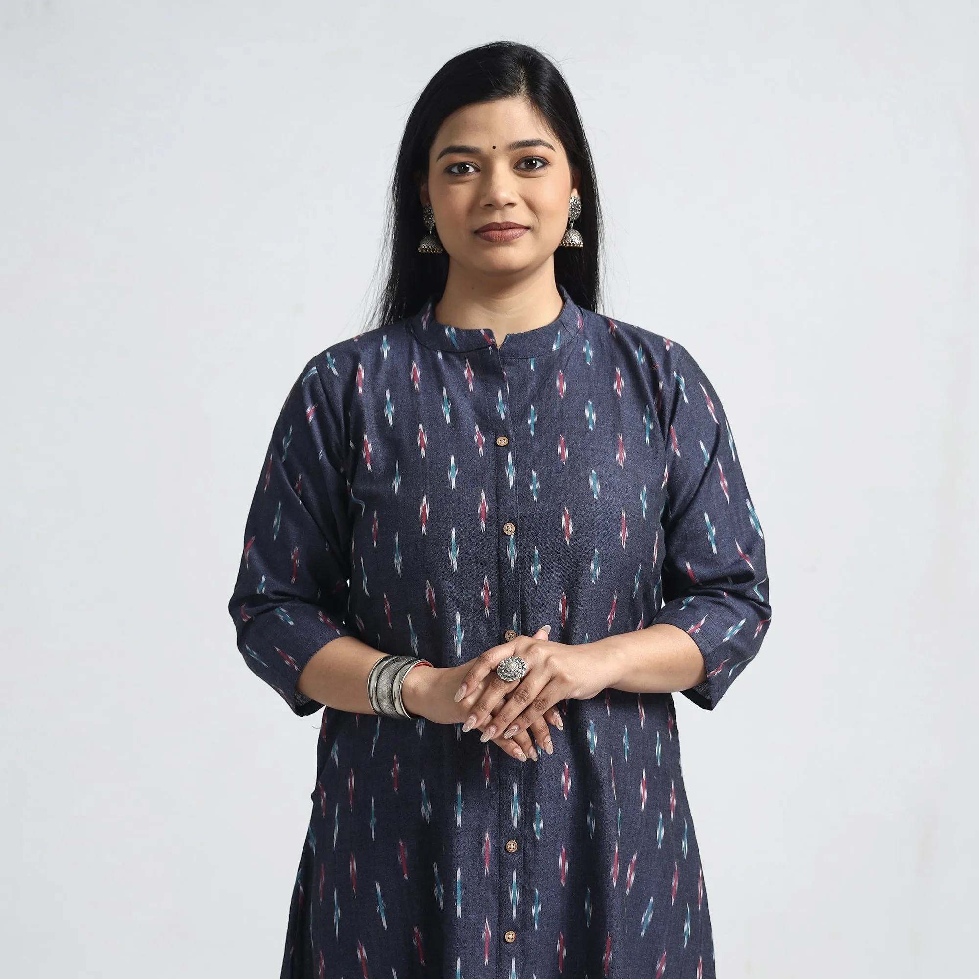 Blue - Dark Purple - Pochampally Ikat Weave Cotton A-Line Kurta sold by Itokri