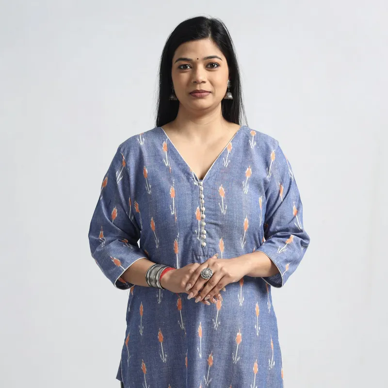 Blue - Pochampally Ikat Weave Cotton Straight Kurta made by Itokri