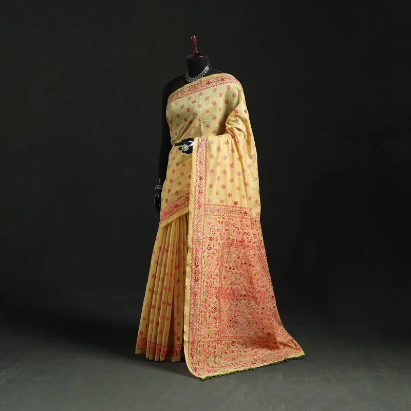 Yellow - Hand Embroidered Chanderi Silk Chapa Work Phulkari Saree 18 made by Itokri