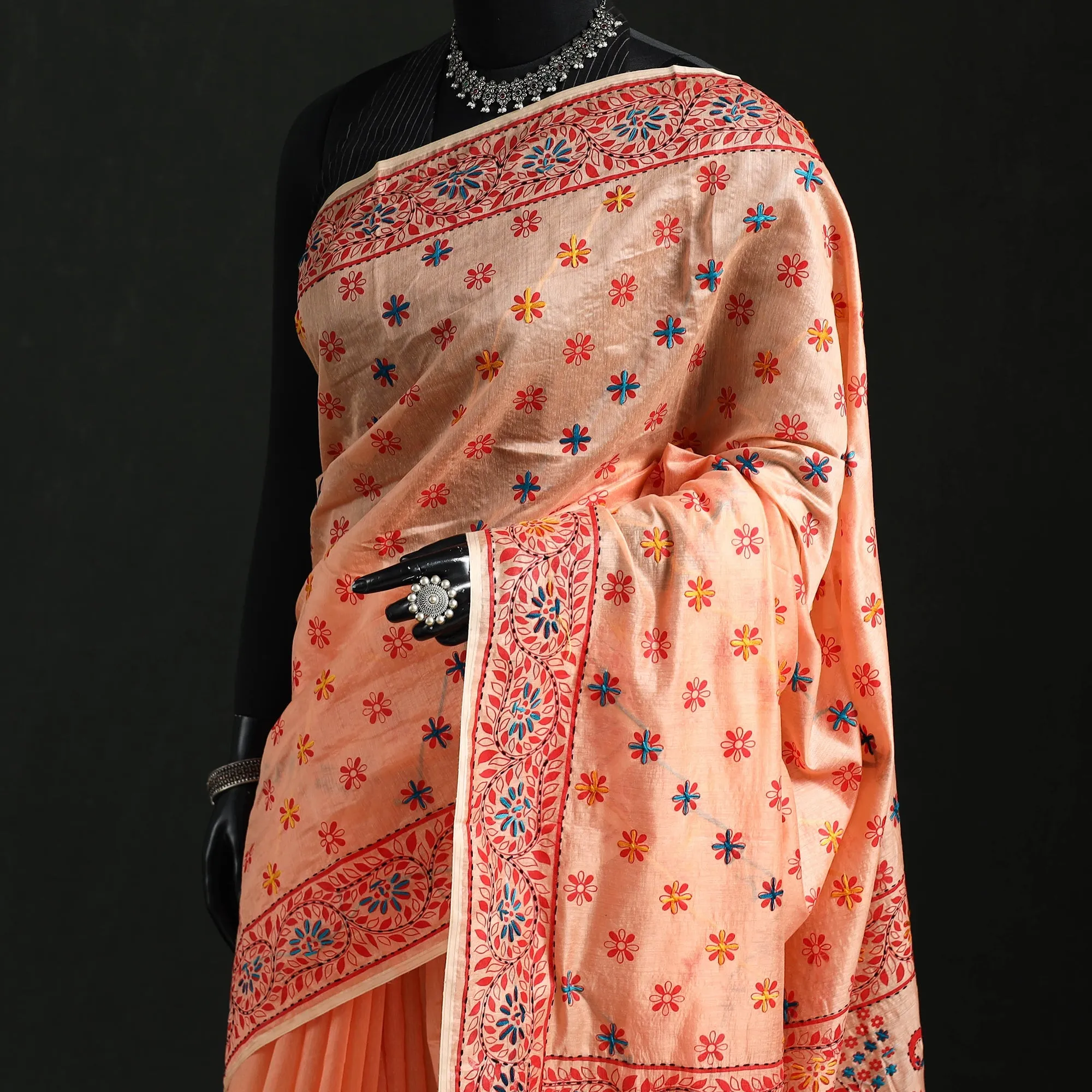 Hand Embroidered Chanderi Silk Chapa Work Phulkari Saree 11 sold by Itokri product image thumbnail 2