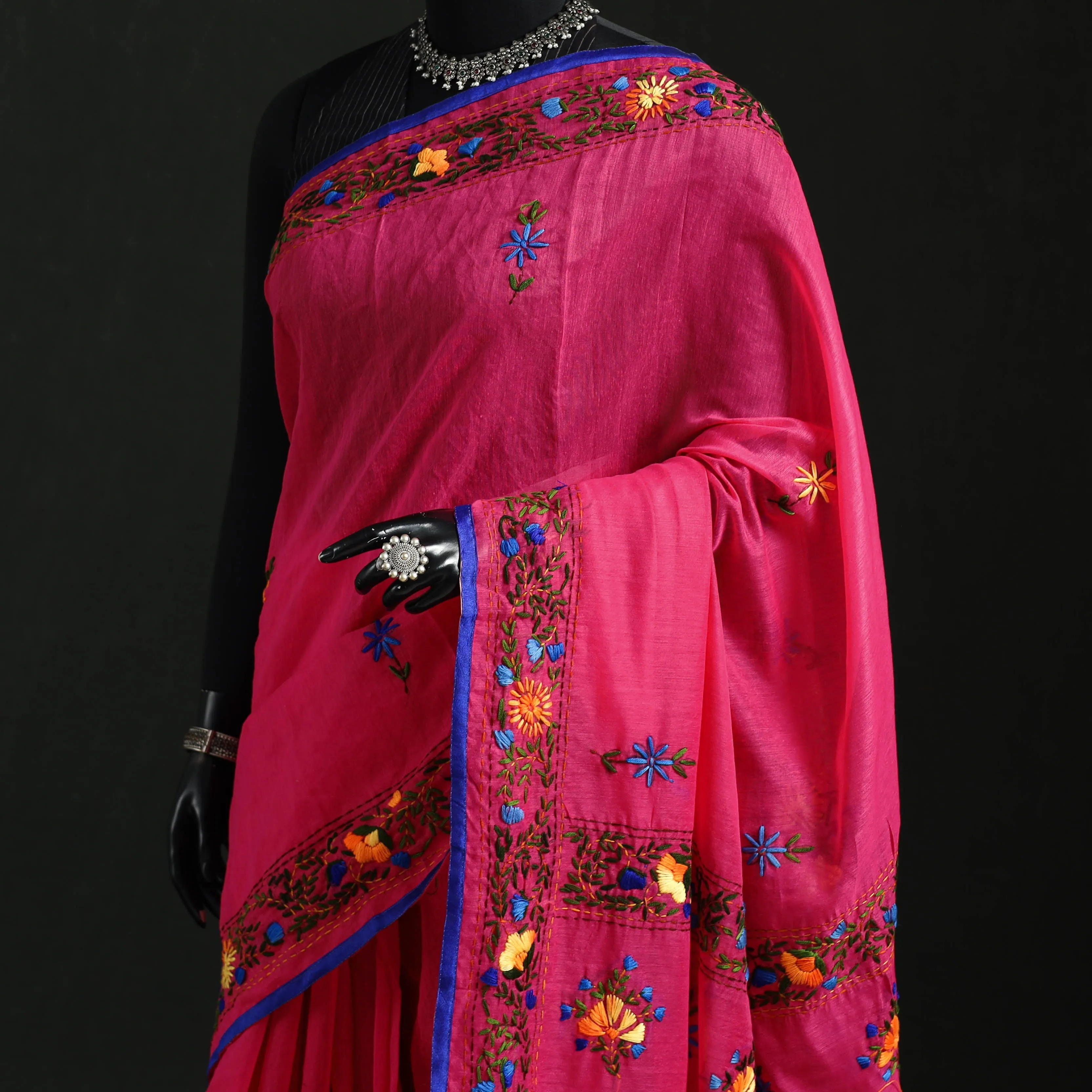 Pink - Hand Embroidered Chanderi Silk Chapa Work Phulkari Saree 02 sold by Itokri product image thumbnail 2