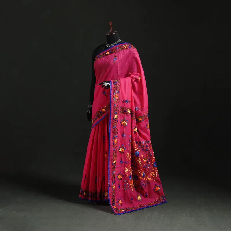 Pink - Hand Embroidered Chanderi Silk Chapa Work Phulkari Saree 02 made by Itokri