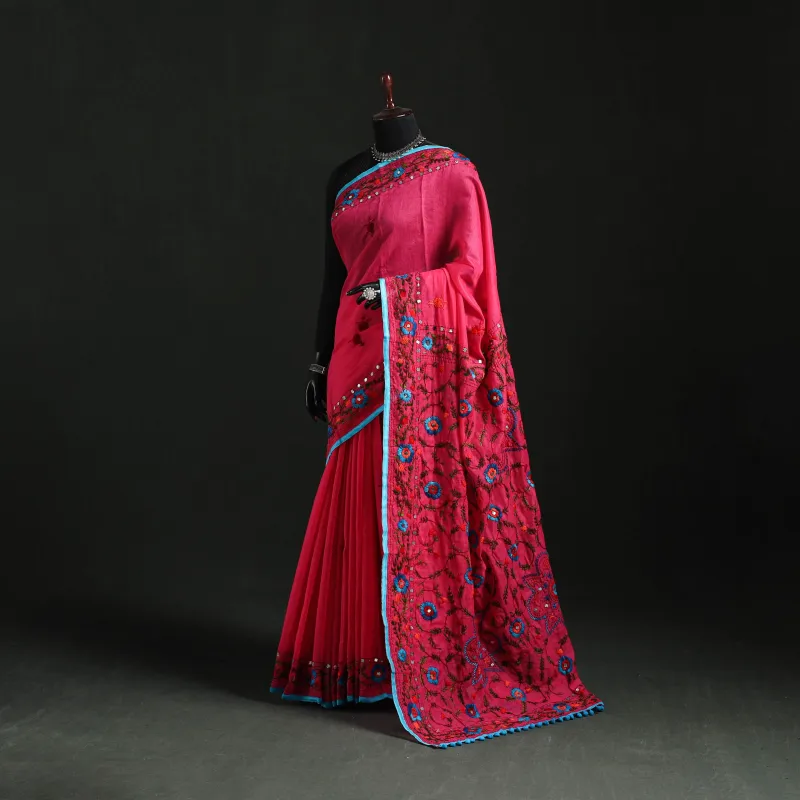 Hand Embroidered Chanderi Silk Chapa Work Phulkari Saree 05 made by Itokri