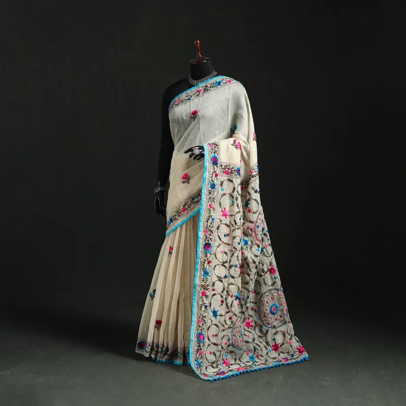 Hand Embroidered Chanderi Silk Chapa Work Phulkari Saree 01 made by Itokri