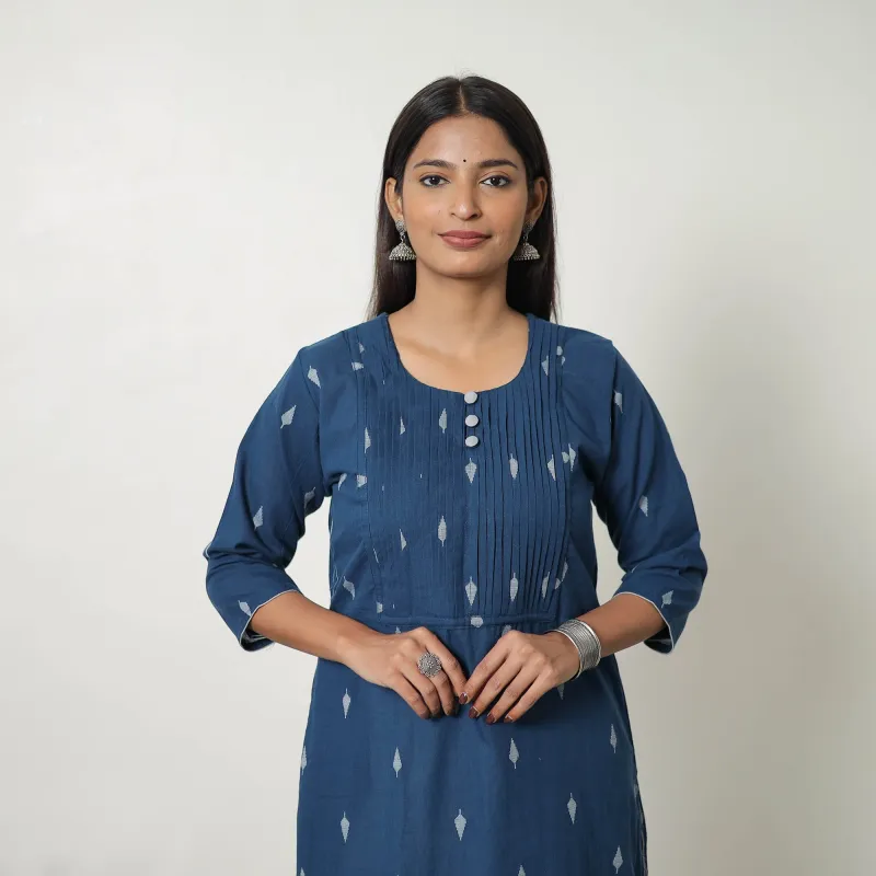 Blue - Pure Cotton Pintuck Straight Jacquard Kurta 09 made by Itokri