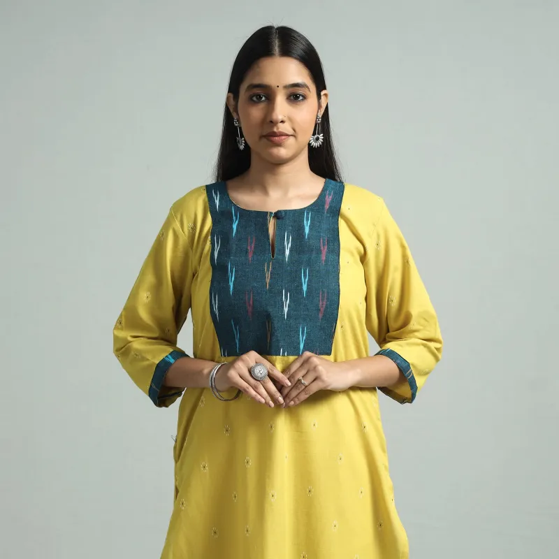 Yellow - Jacquard Weave Cotton Straight Kurta with Ikat Patchwork made by Itokri
