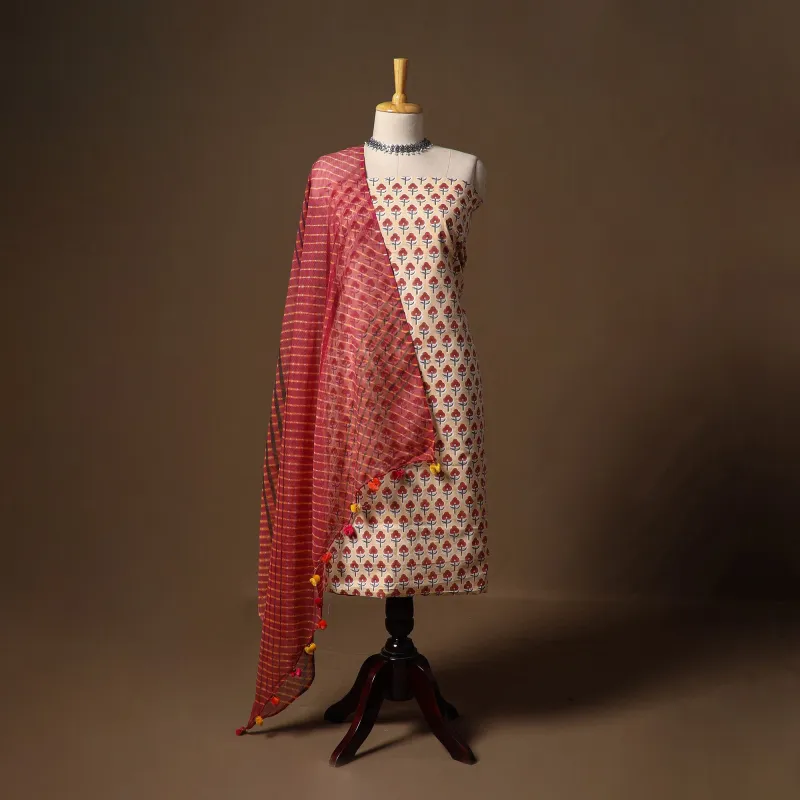 Sanganeri Hand Block Print Cotton 2pc Unstitched Dress Material with Earrings 19 sold by Itokri