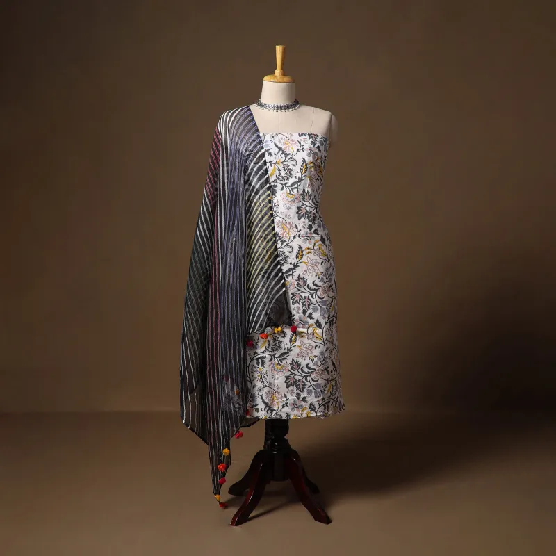 White - Sanganeri Hand Block Print Cotton 2pc Unstitched Dress Material with Earrings 12 made by Itokri