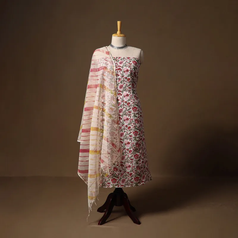 Red - Sanganeri Hand Block Print Cotton 2pc Unstitched Dress Material with Earrings 04 made by Itokri