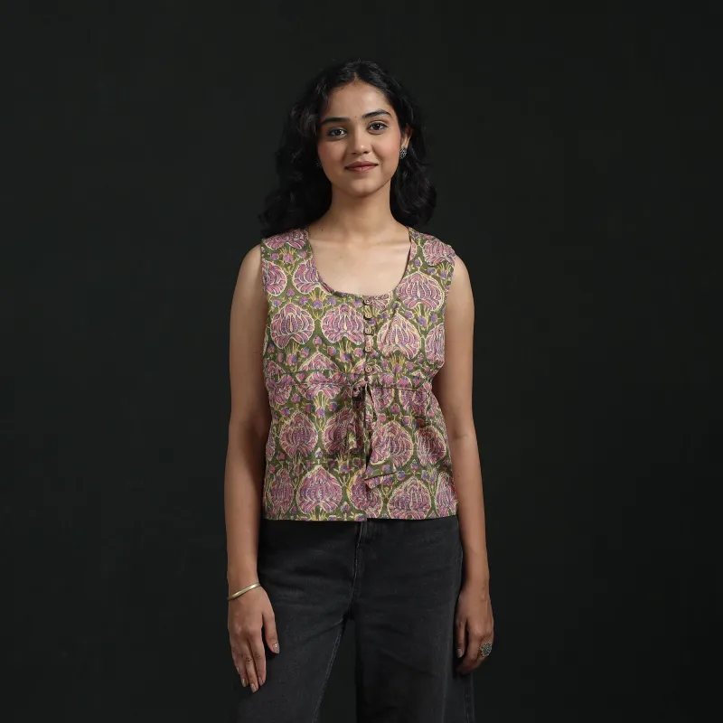 Green - Hand Block Sanganeri Print Cotton Floral Crop Top 13 made by Itokri