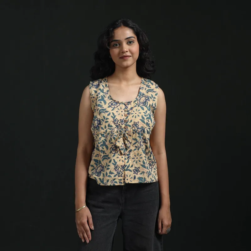 Beige - Hand Block Sanganeri Print Cotton Floral Crop Top 18 made by Itokri