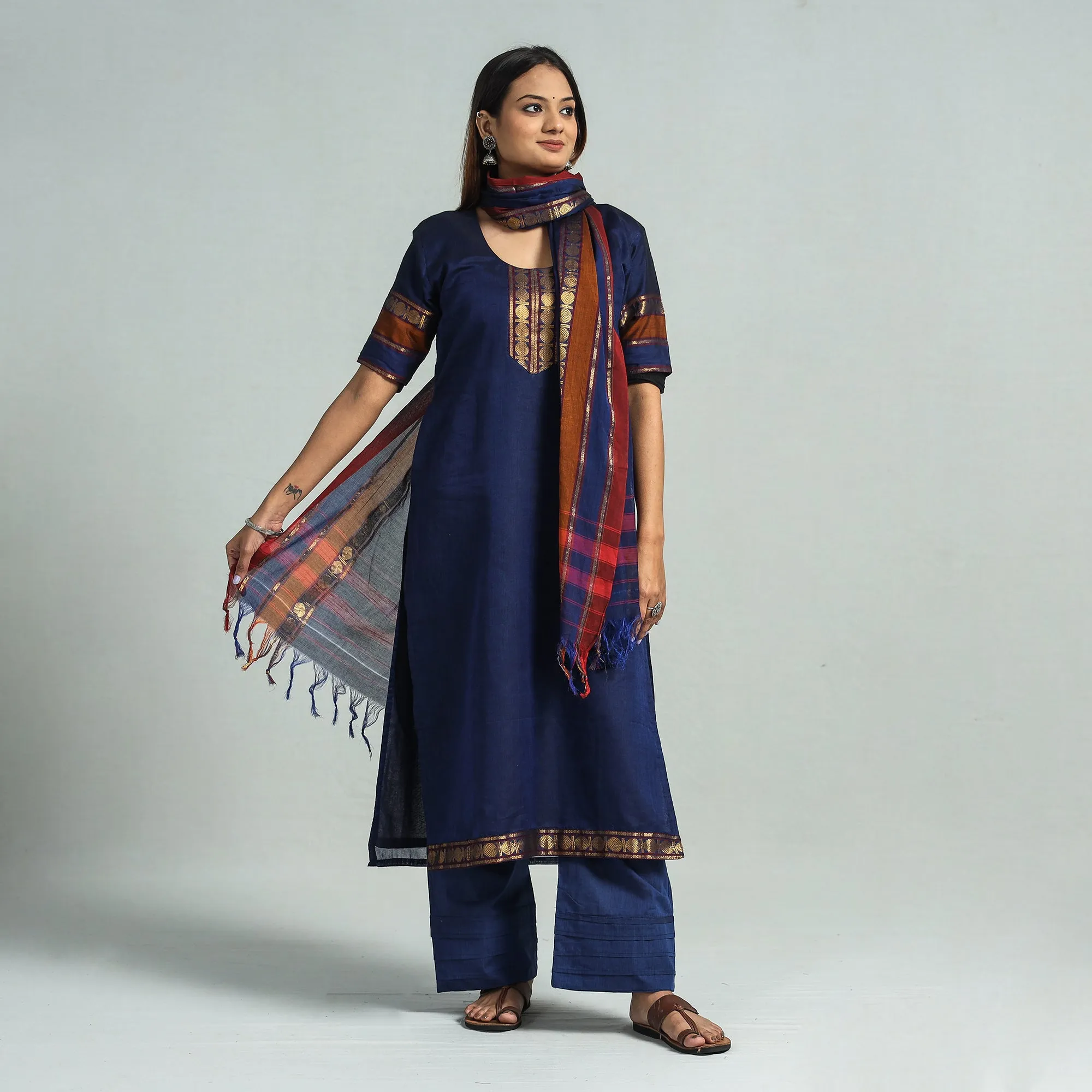Navy Blue - Dharwad Cotton Kurta with Palazzo & Dupatta Set sold by Itokri product image thumbnail 2