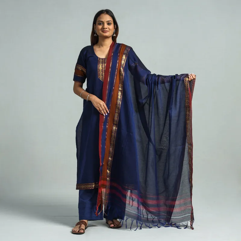 Navy Blue - Dharwad Cotton Kurta with Palazzo & Dupatta Set made by Itokri