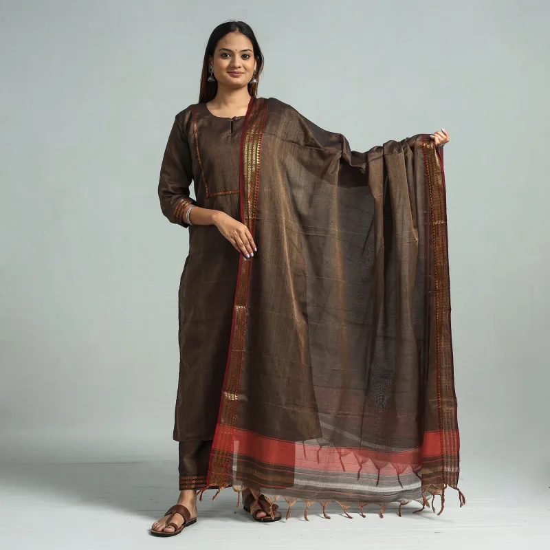 Dark Brown - Dharwad Cotton Kurta with Palazzo & Dupatta Set made by Itokri
