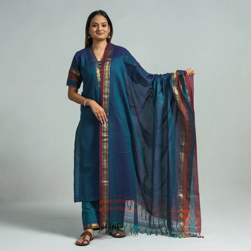 Blue - Dharwad Cotton Kurta with Palazzo & Dupatta Set made by Itokri