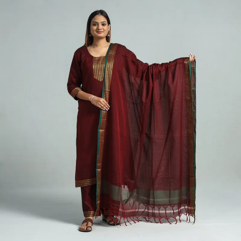 Maroon - Dharwad Cotton Kurta with Palazzo & Dupatta Set made by Itokri