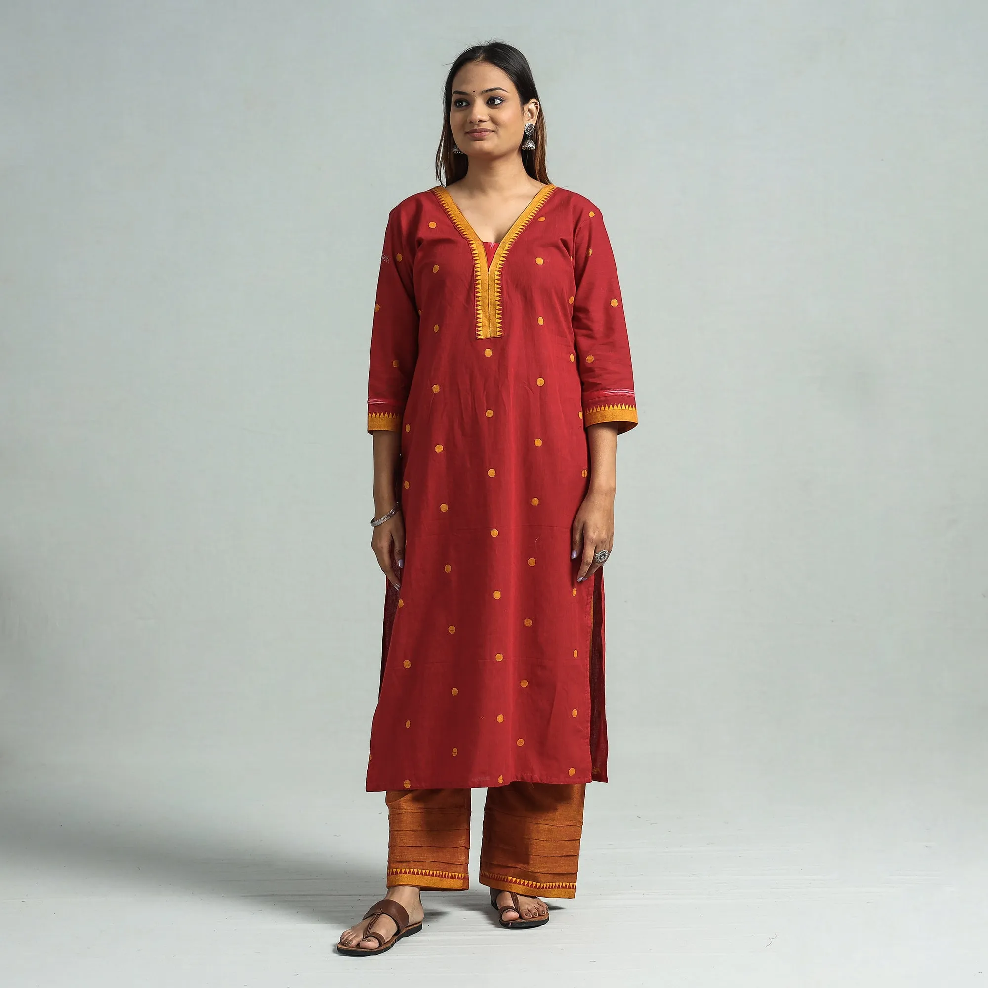Red - Dharwad Cotton Kurta with Palazzo & Dupatta Set sold by Itokri product image thumbnail 4
