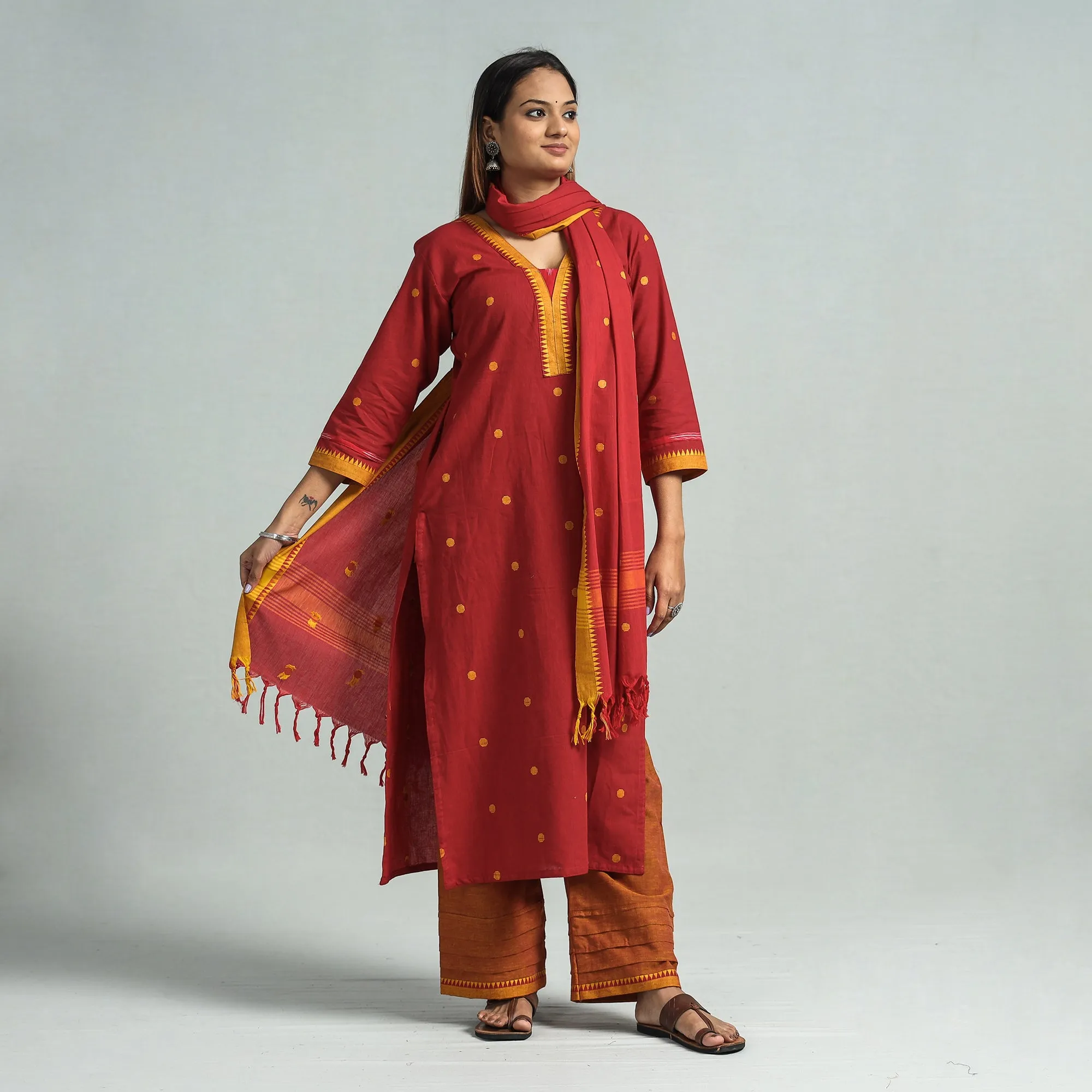Red - Dharwad Cotton Kurta with Palazzo & Dupatta Set sold by Itokri product image thumbnail 2