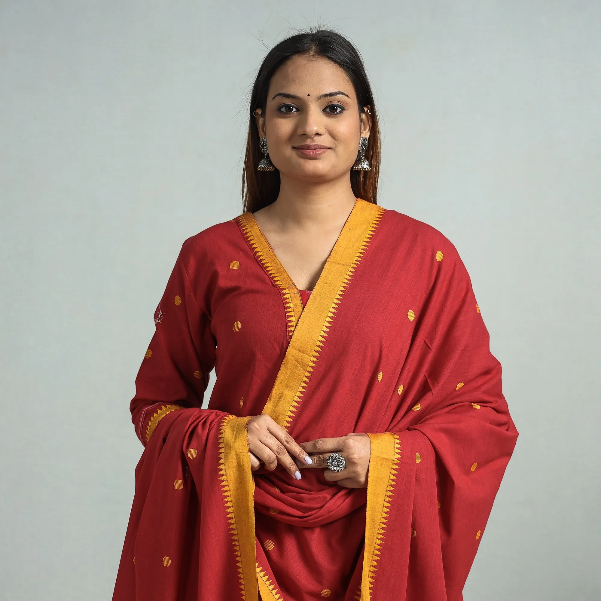 Red - Dharwad Cotton Kurta with Palazzo & Dupatta Set sold by Itokri product image thumbnail 3