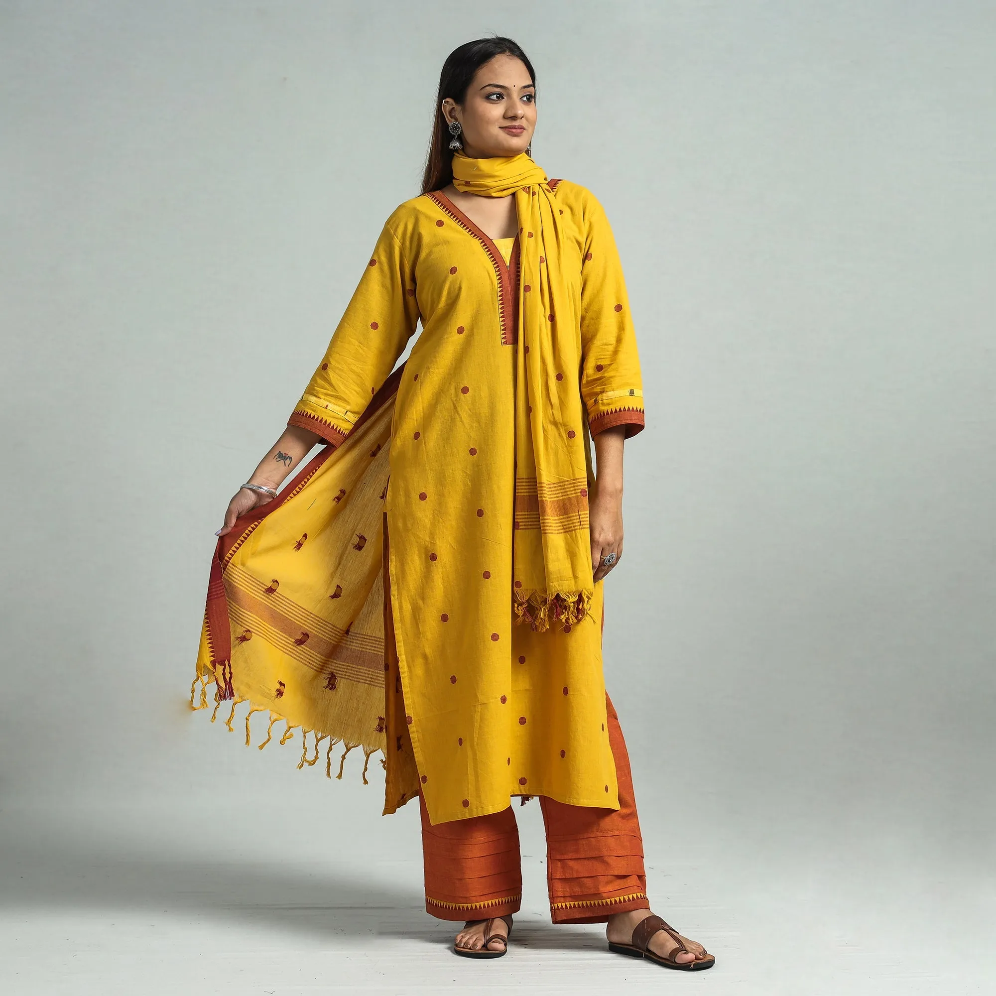 Yellow - Dharwad Cotton Kurta with Palazzo & Dupatta Set sold by Itokri product image thumbnail 2