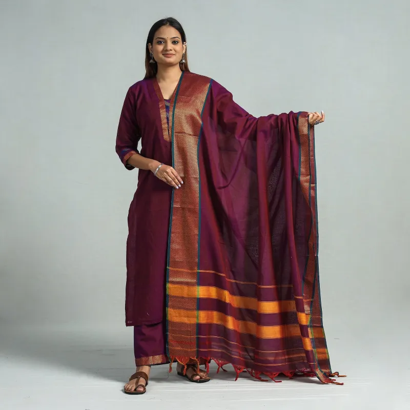 Purple - Dharwad Cotton Kurta with Palazzo & Dupatta Set made by Itokri