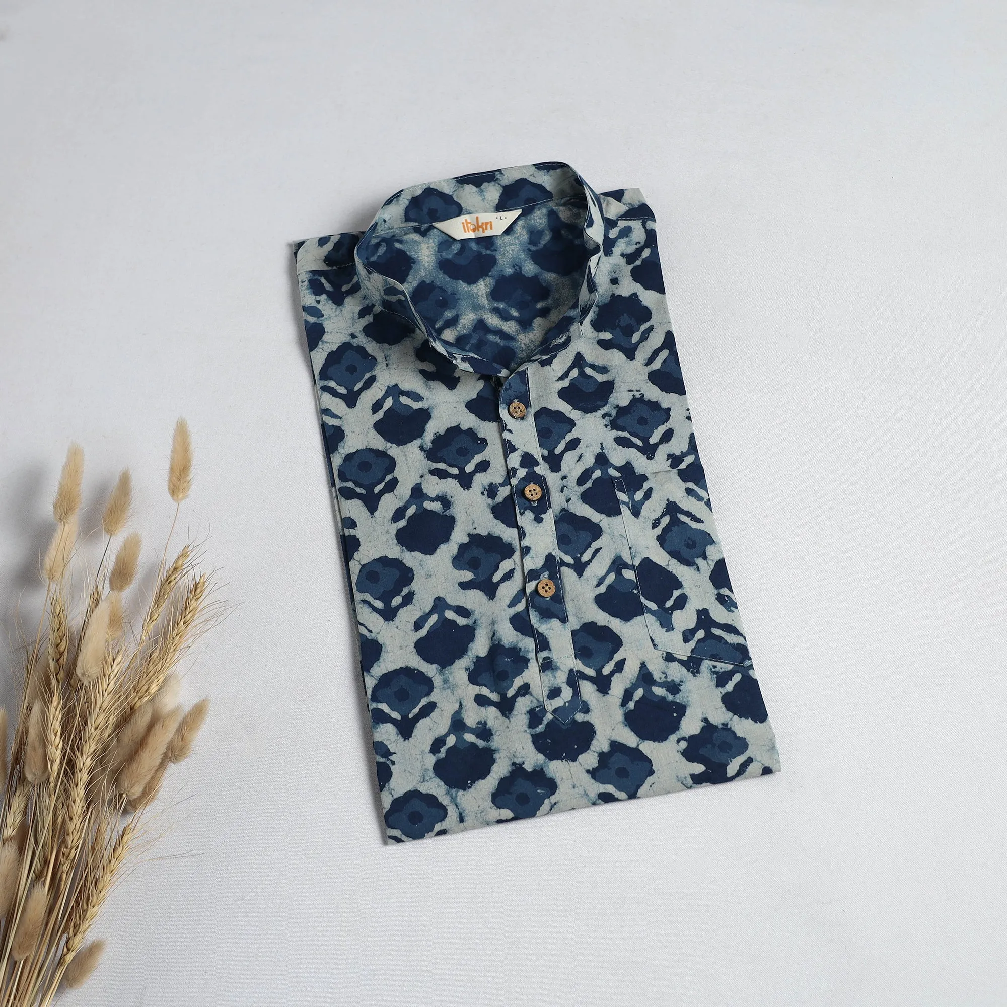 Hand Block Print Natural Dyed Cotton Short Bagru Kurta for Men 13 sold by Itokri