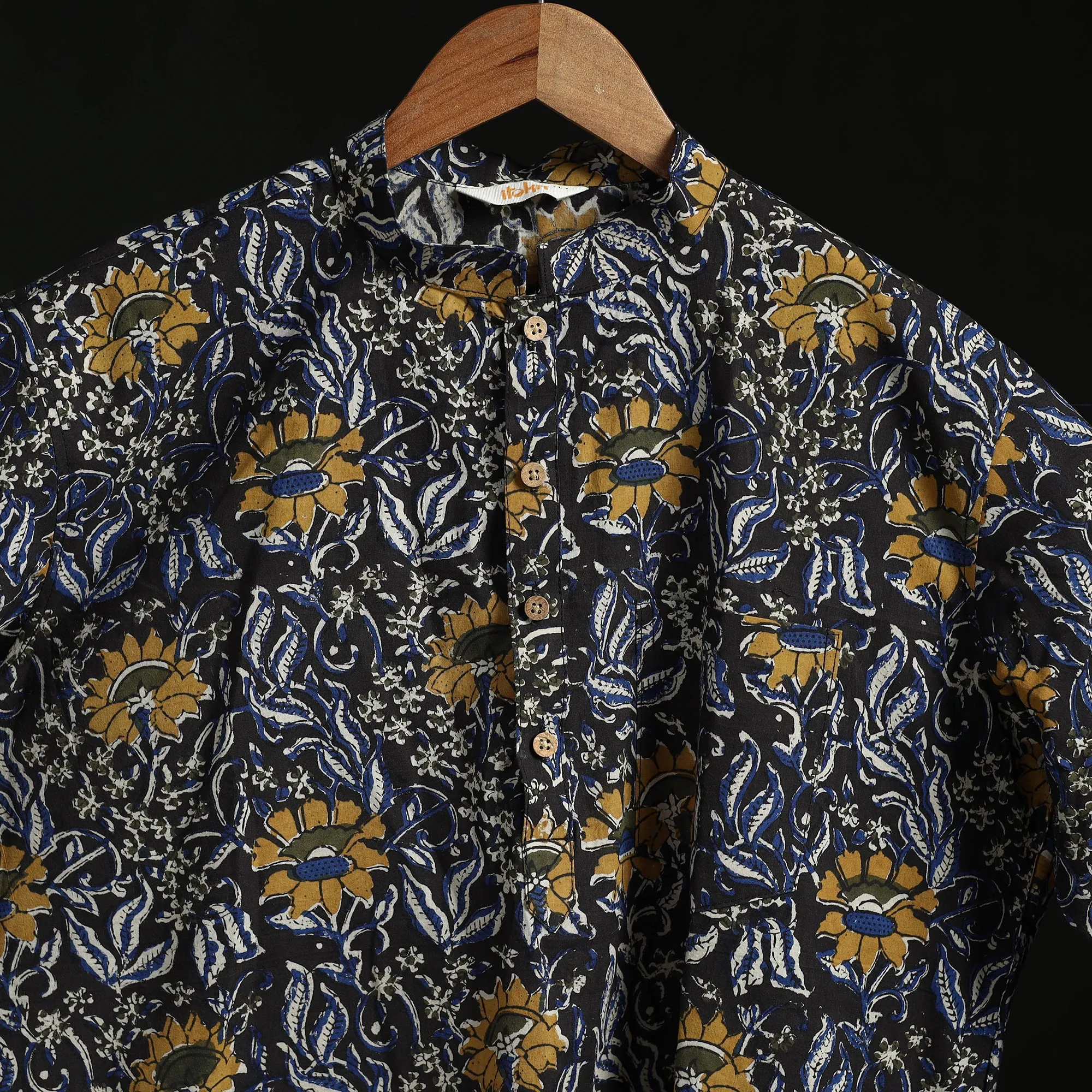 Black - Hand Block Print Natural Dyed Cotton Short Bagru Kurta for Men 06 sold by Itokri product image thumbnail 3