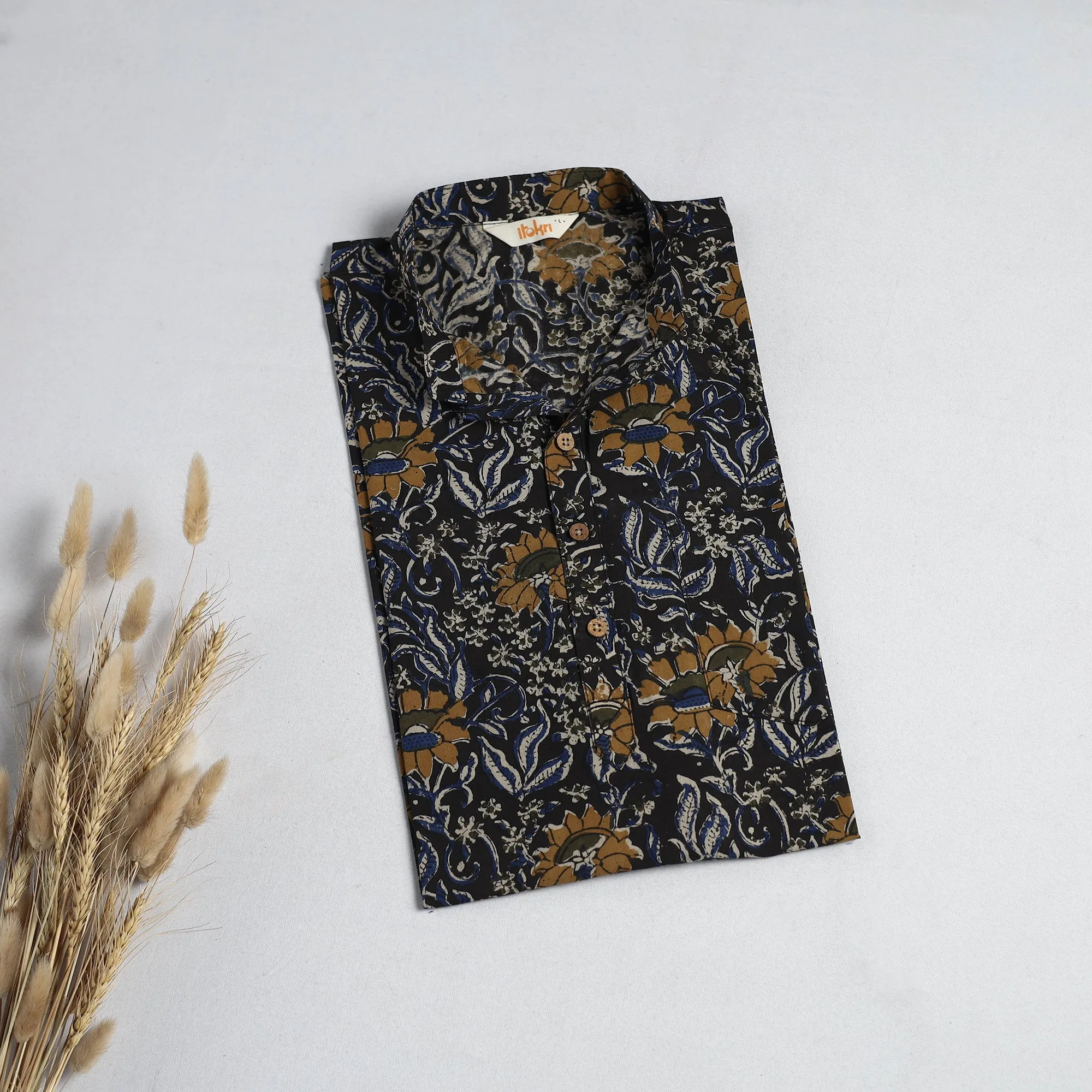 Black - Hand Block Print Natural Dyed Cotton Short Bagru Kurta for Men 06 sold by Itokri