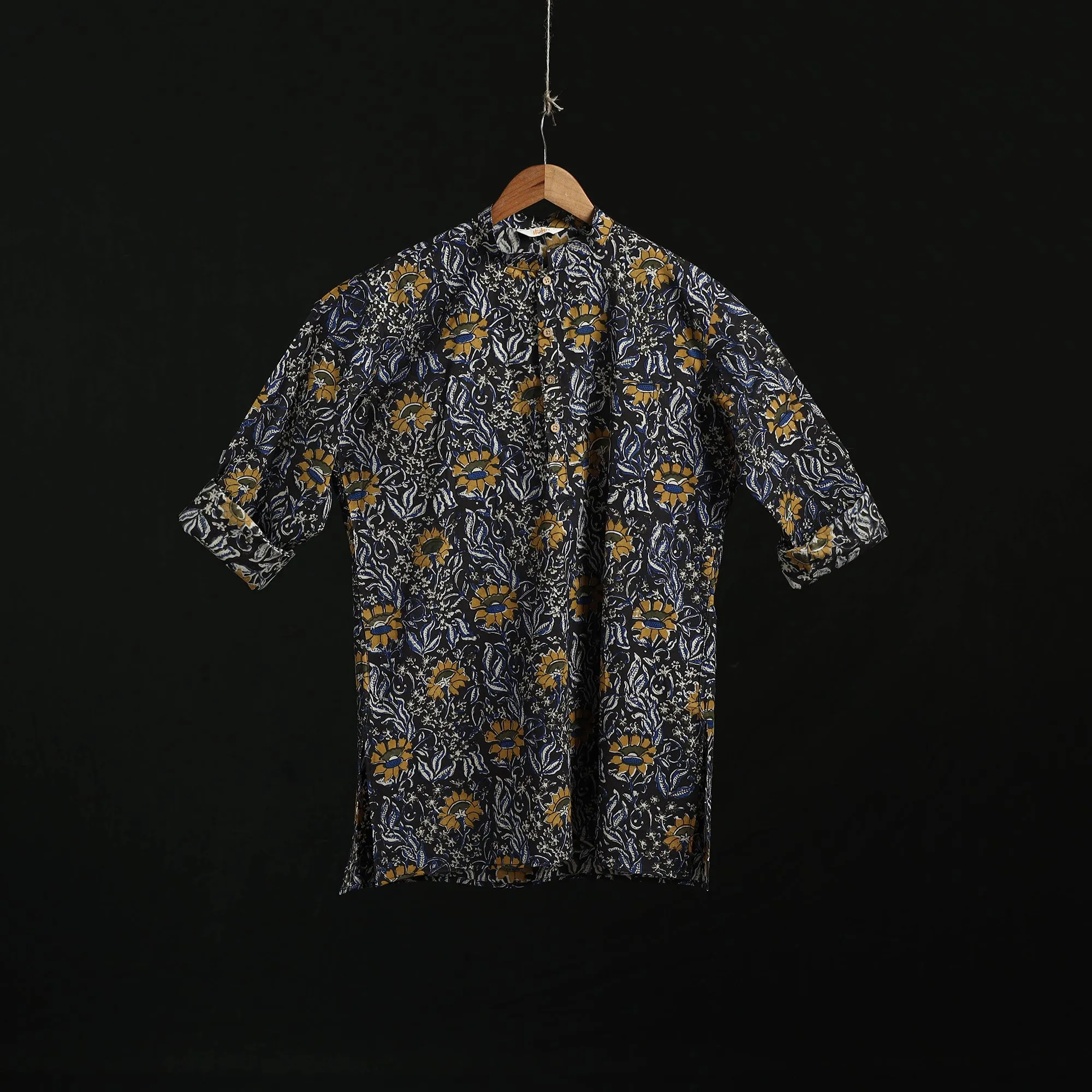Black - Hand Block Print Natural Dyed Cotton Short Bagru Kurta for Men 06 sold by Itokri product image thumbnail 2