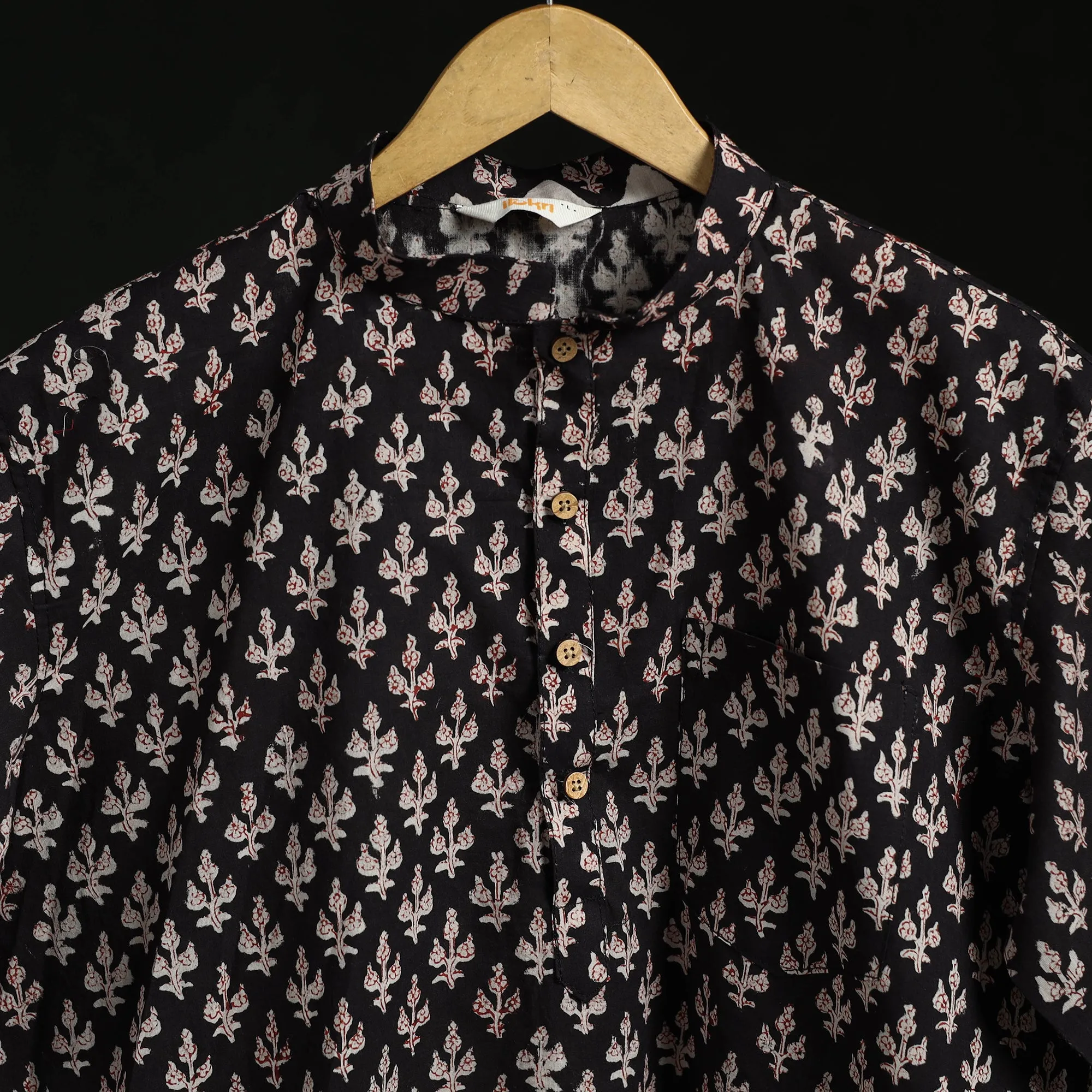 Black - Hand Block Print Natural Dyed Cotton Short Bagru Kurta for Men 05 sold by Itokri product image thumbnail 3