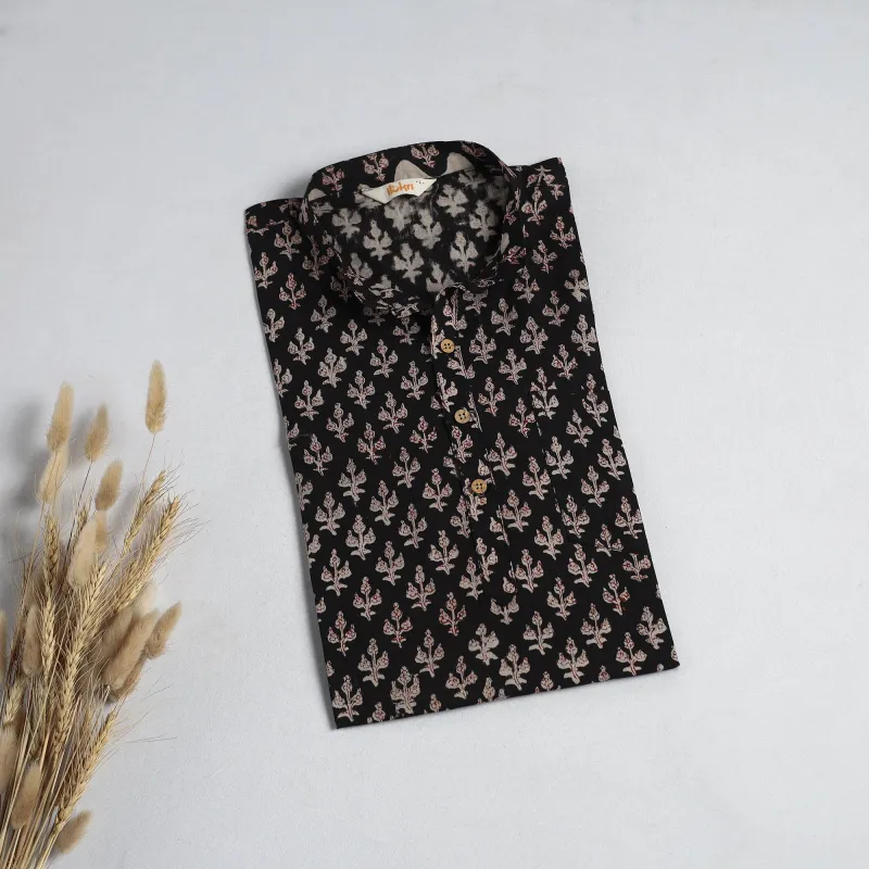 Black - Hand Block Print Natural Dyed Cotton Short Bagru Kurta for Men 05 made by Itokri