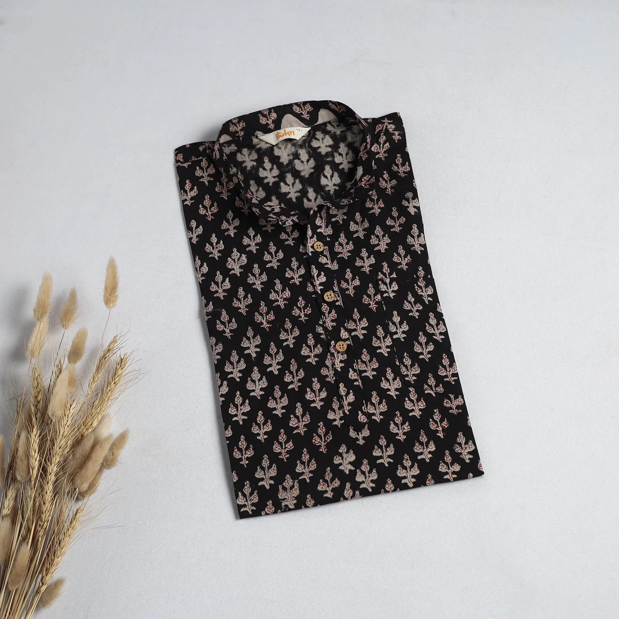 Black - Hand Block Print Natural Dyed Cotton Short Bagru Kurta for Men 05 sold by Itokri