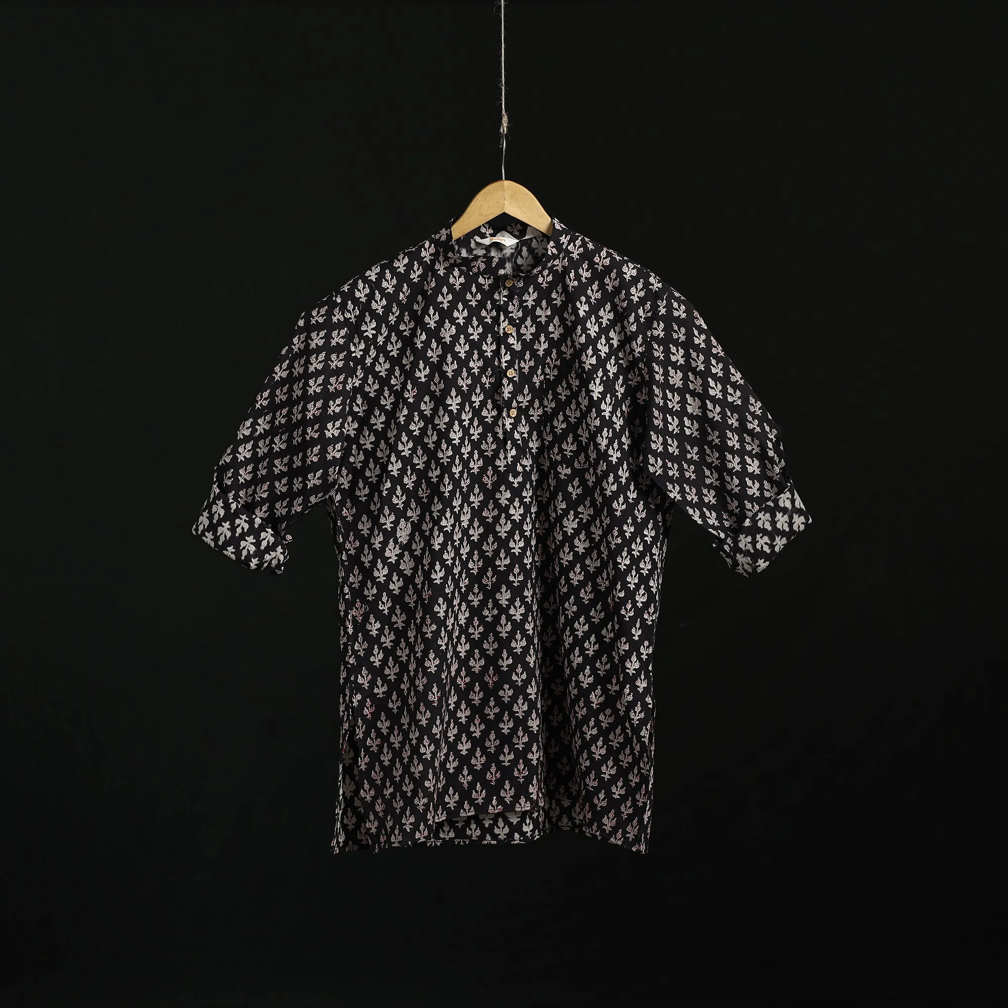 Black - Hand Block Print Natural Dyed Cotton Short Bagru Kurta for Men 05 sold by Itokri product image thumbnail 2