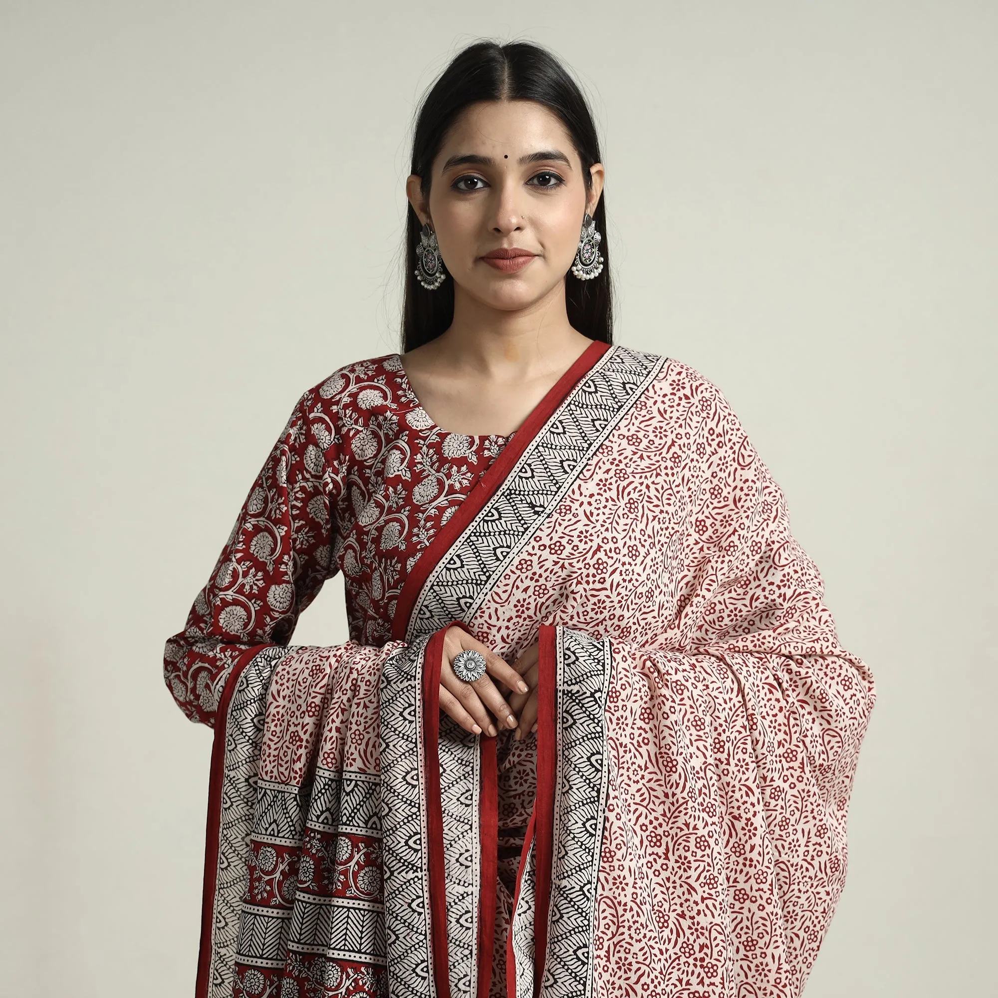 Red - Bagh Block Printed Cotton Kurta with Palazzo & Dupatta Set sold by Itokri product image thumbnail 4