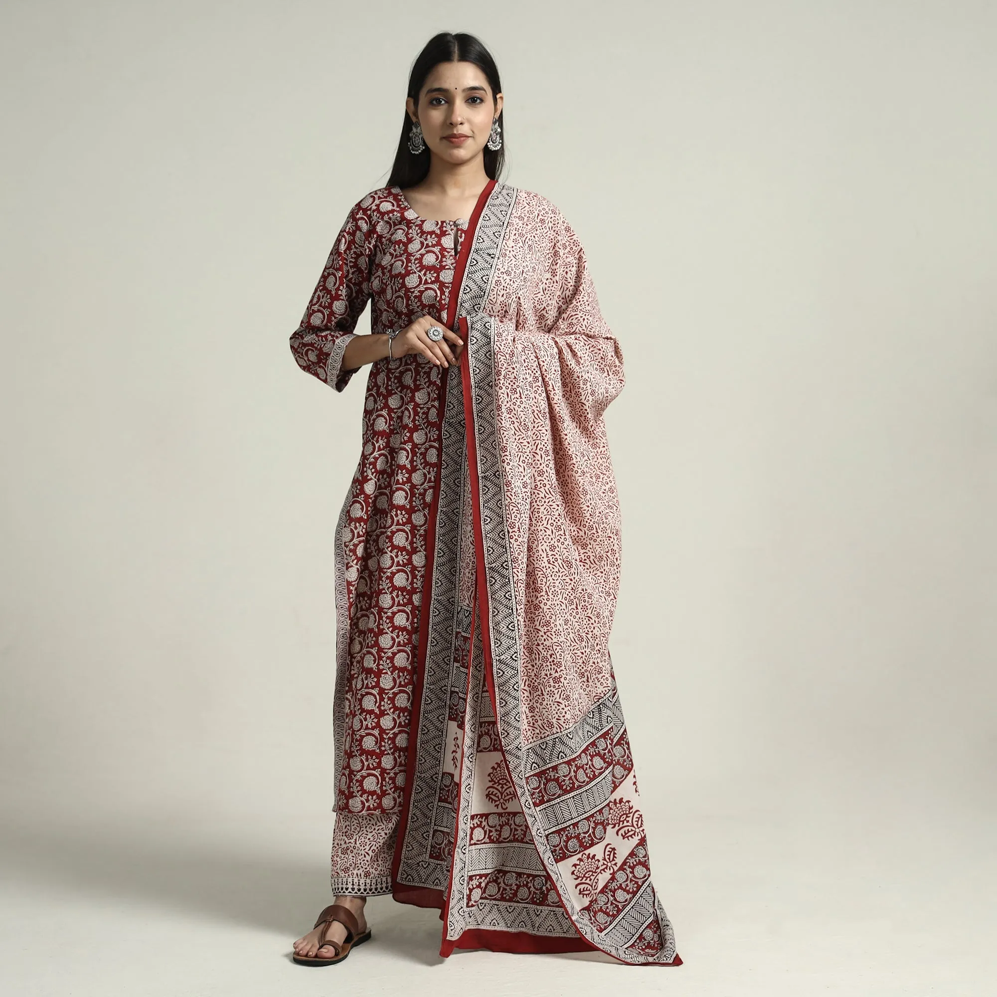 Red - Bagh Block Printed Cotton Kurta with Palazzo & Dupatta Set sold by Itokri product image thumbnail 2