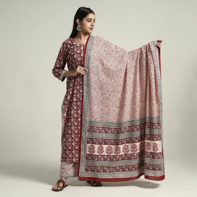 Red - Bagh Block Printed Cotton Kurta with Palazzo & Dupatta Set made by Itokri