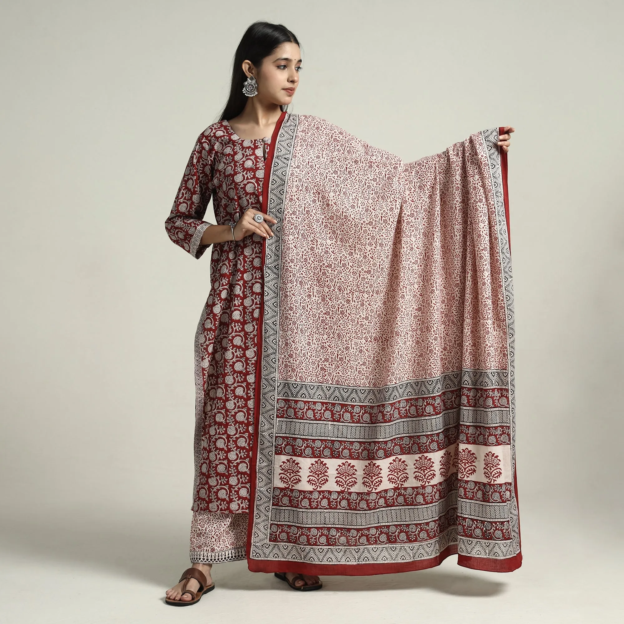 Red - Bagh Block Printed Cotton Kurta with Palazzo & Dupatta Set sold by Itokri