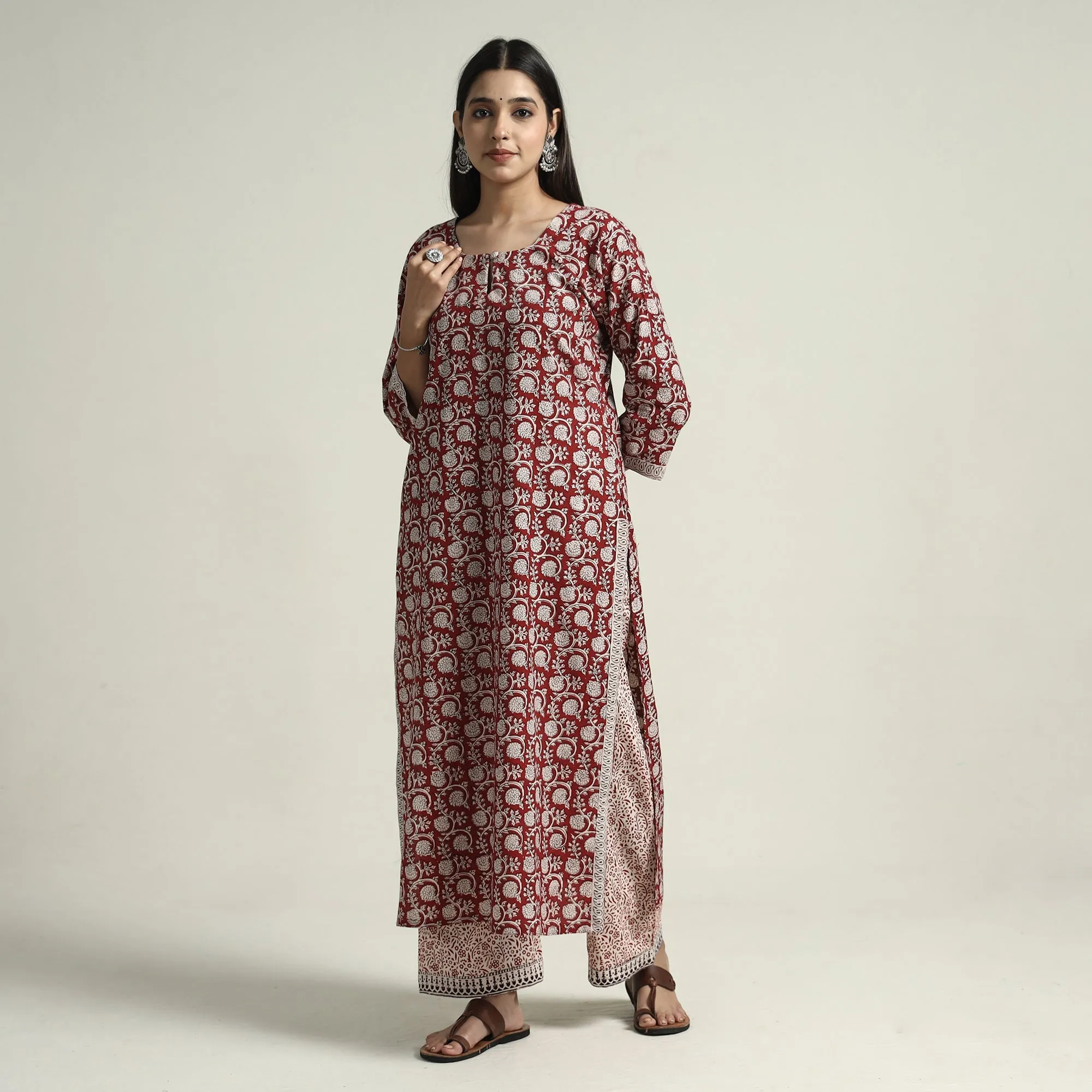 Red - Bagh Block Printed Cotton Kurta with Palazzo & Dupatta Set sold by Itokri product image thumbnail 3